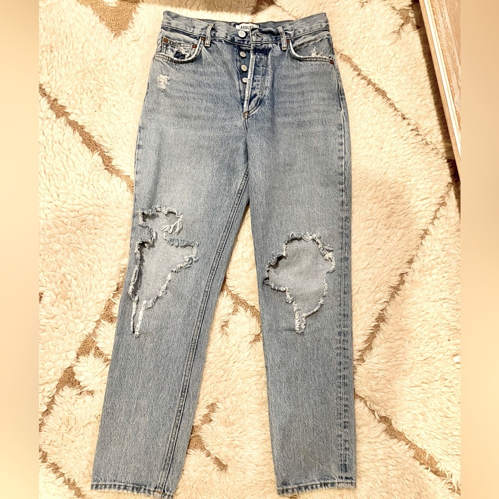 Agolde distressed leg jeans, worn once to try on. They’re too small for me.